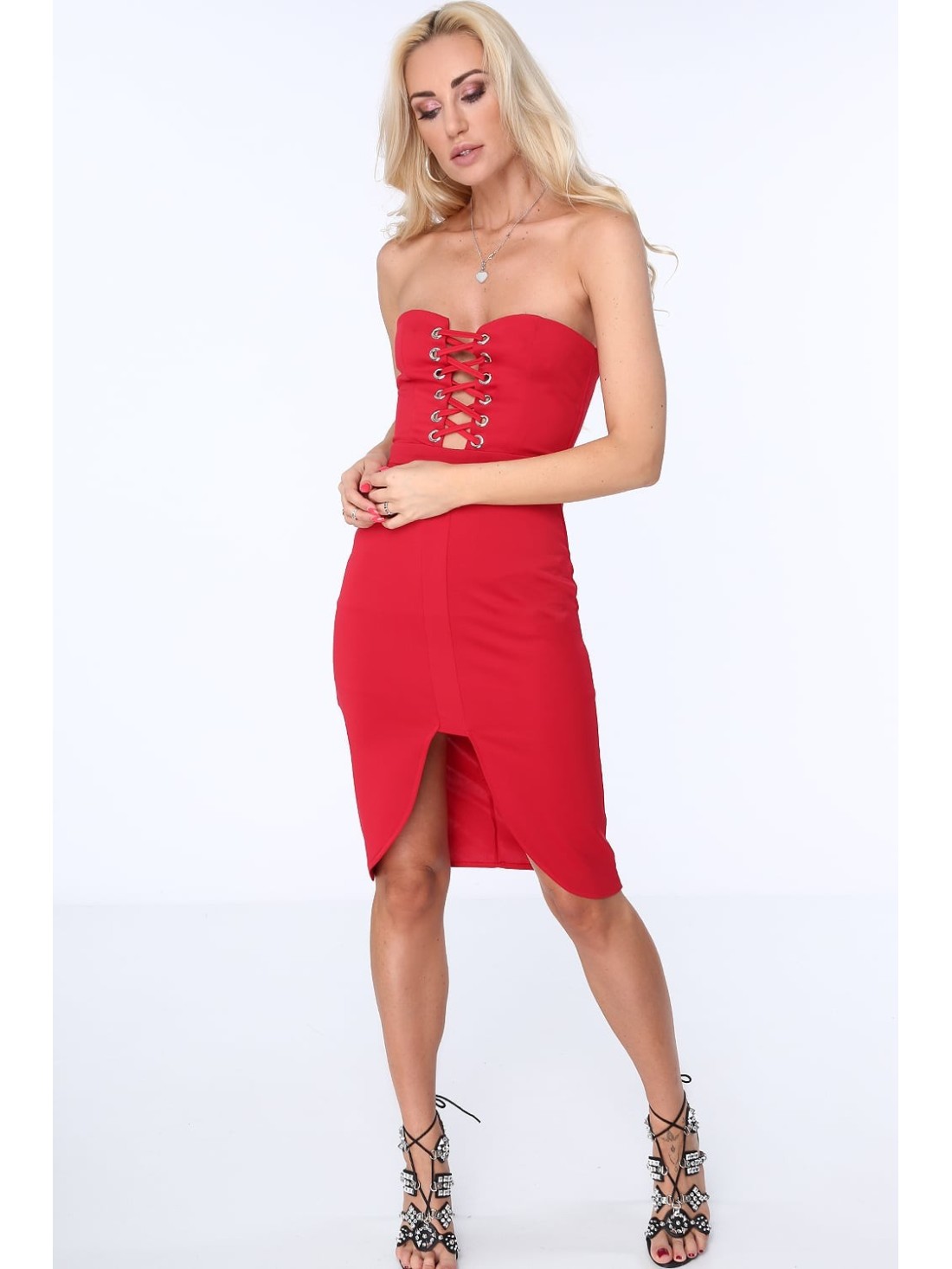 Rochie rosie cu cravate ZZ222 - Magazin online - Boutique